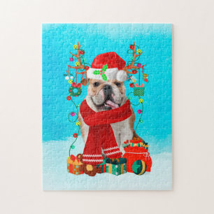 English Bulldog in snow with Christmas gifts Jigsaw Puzzle