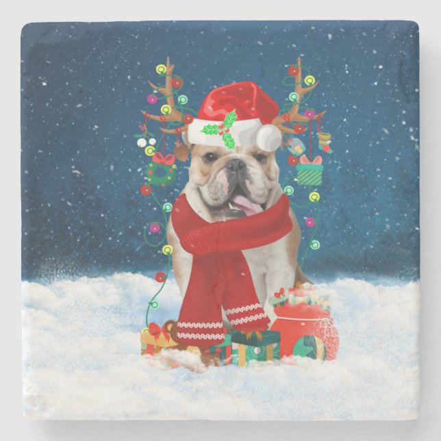English Bulldog in Snow with Christmas Gifts  Stone Coaster (Front)