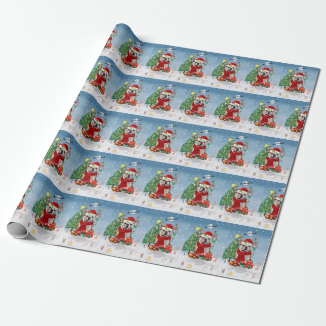 English Bulldog in Snow with Christmas Gifts Wrapping Paper (Unrolled)