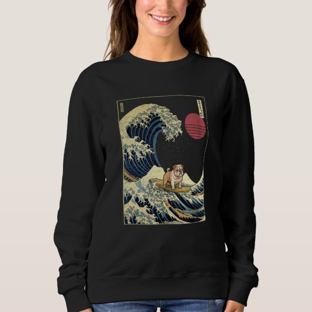 English Bulldog Japanese Kanagawa Wave  Surf Dog Sweatshirt (Front)