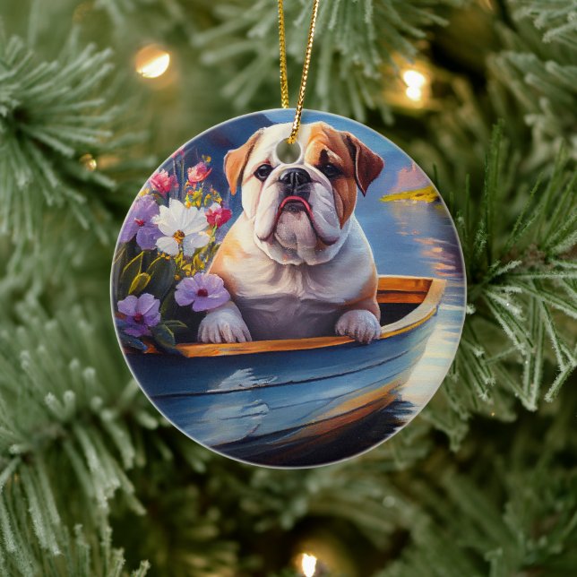 English Bulldog on a Paddle: A Scenic Adventure Ceramic Ornament (Tree)