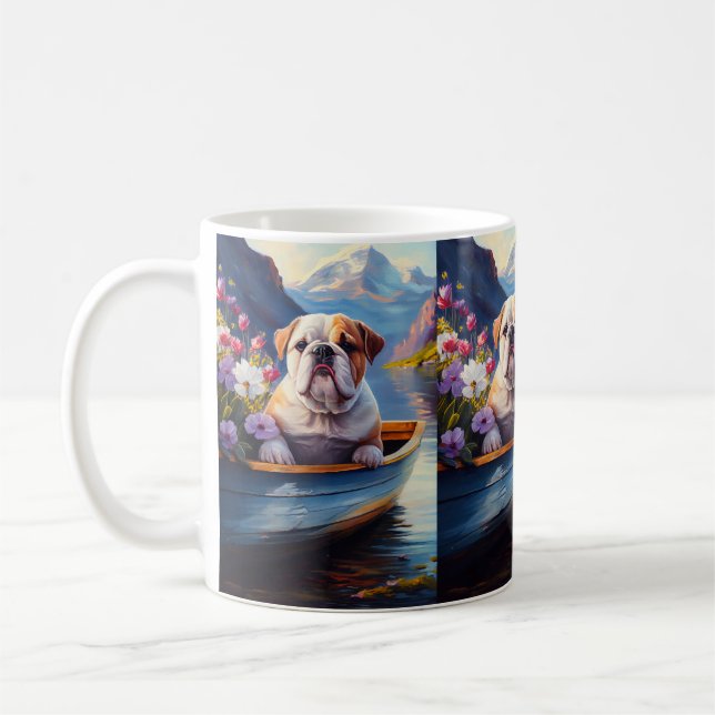 English Bulldog on a Paddle: A Scenic Adventure Coffee Mug (Left)