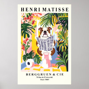 English Bulldog On a Toilet - Funny Matisse Print