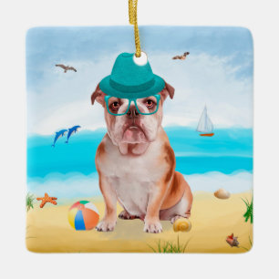 English Bulldog on Beach Ceramic Ornament