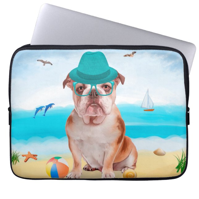 English Bulldog on Beach Laptop Sleeve (Front)