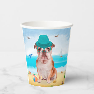 English Bulldog on Beach Paper Cups