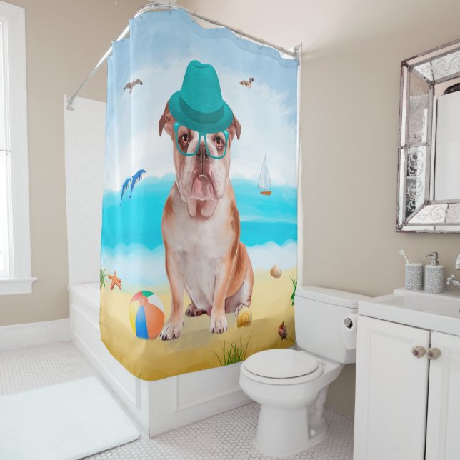 English Bulldog on Beach Shower Curtain (In Situ)