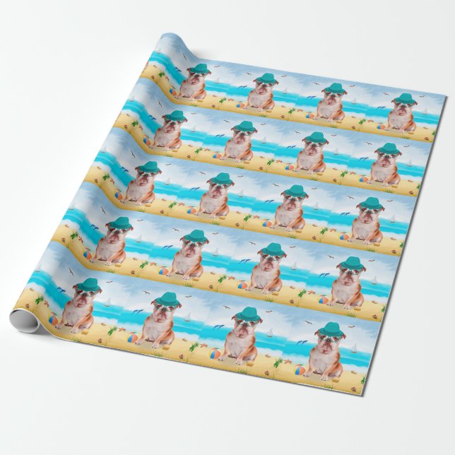 English Bulldog on Beach Wrapping Paper (Unrolled)