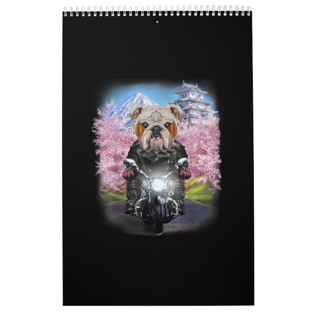English Bulldog On Motorcycle Tour Japanese Sakura Calendar (Cover)