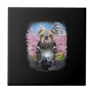 English Bulldog On Motorcycle Tour Japanese Sakura Ceramic Tile