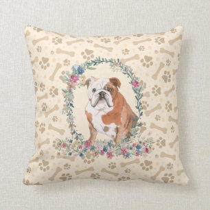 English Bulldog Paw Print & Floral Cute Cushion