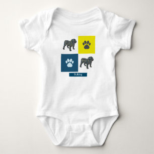 English Bulldog & Paw Y&B Grid Square Baby Bodysuit
