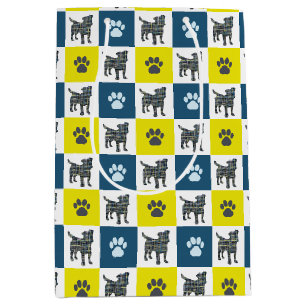 English Bulldog & Paw Yellow & Blue Grid Medium Gi Gift Bag
