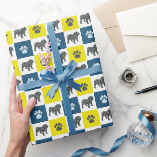 English Bulldog & Paw Yellow & Blue Grid Wrapping Paper