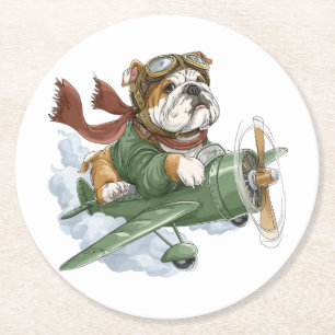 English Bulldog Pilot Aeroplane Round Paper Coaster