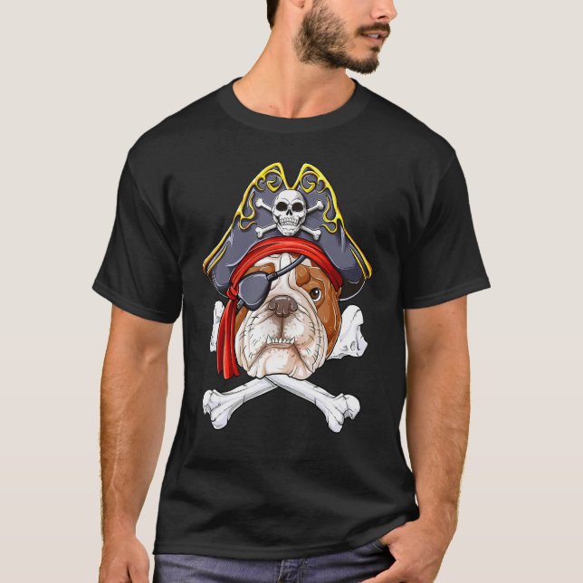 English Bulldog Pirate Jolly Roger Flag Skull Cros T-Shirt (Front)