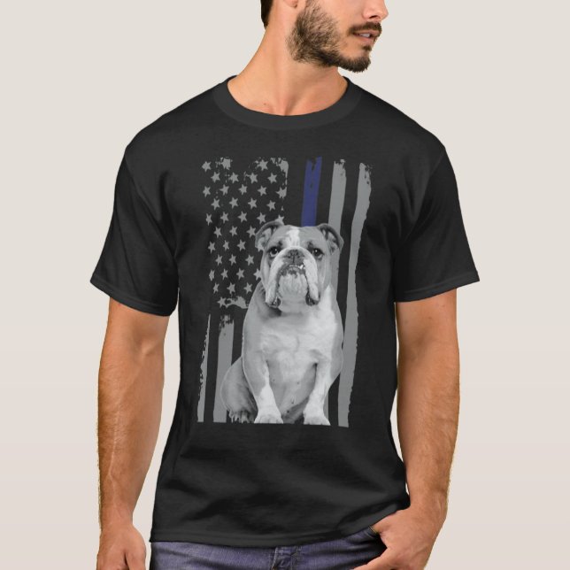 English Bulldog Police American Flag Blue Line T-Shirt (Front)