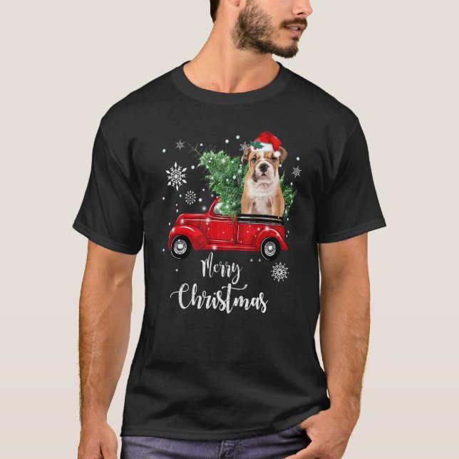 English Bulldog Puppies Ride Red Truck Christmas P T-Shirt (Front)