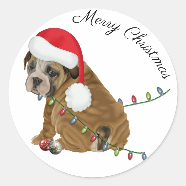 English Bulldog Puppy Christmas Classic Round Sticker (Front)
