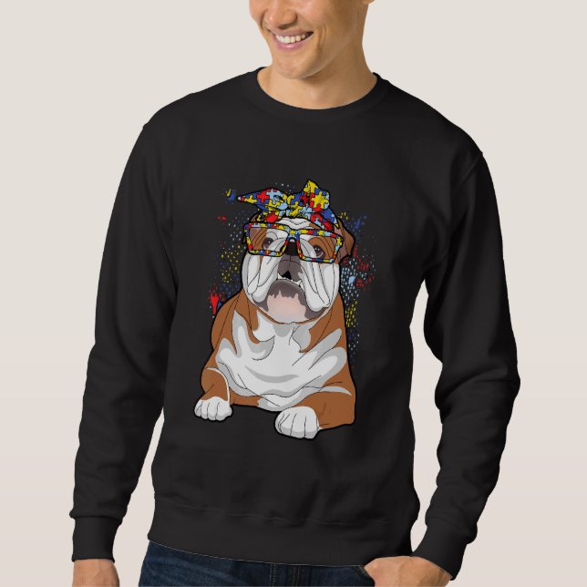 English Bulldog Puzzle Bandanna Glasses Autism Awa Sweatshirt (Front)