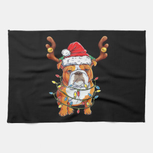 English Bulldog Reindeer Funny Christmas Essential Tea Towel