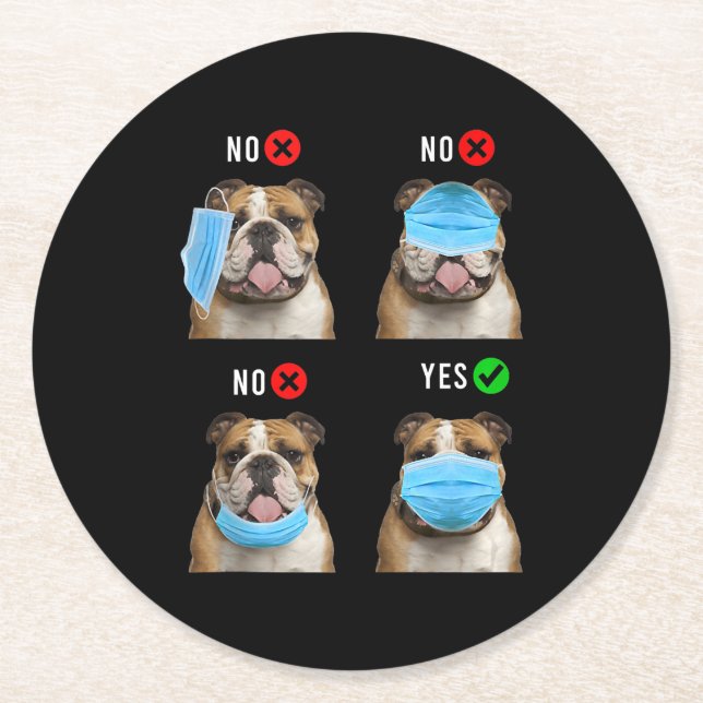 English Bulldog Right Wear Face Mask Tank Top Round Paper Coaster (Front)