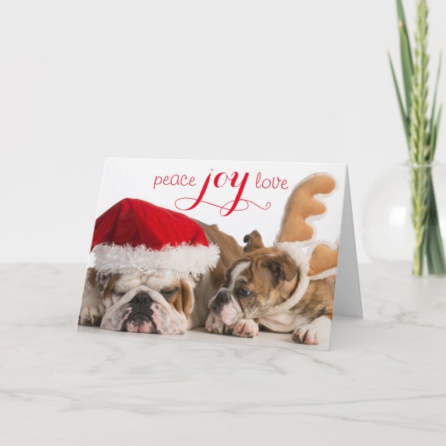 English Bulldog Santa And Reindeer Holiday Card (Front)