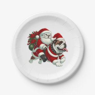 English Bulldog Santa Christmas Tree Lights Xmas  Paper Plate