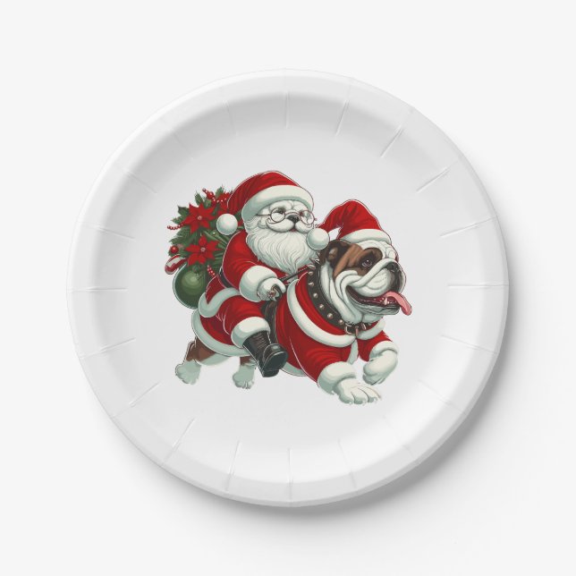 English Bulldog Santa Christmas Tree Lights Xmas  Paper Plate (Front)