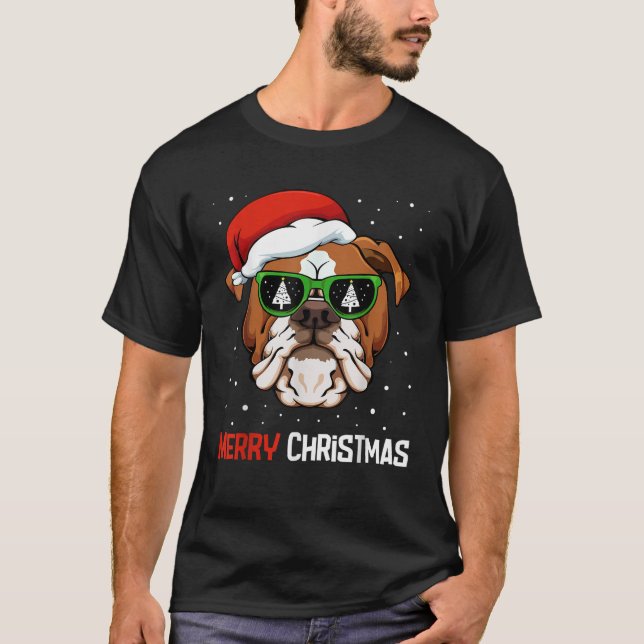 English Bulldog Santa Hat Christmas Pajama Dog X M T-Shirt (Front)