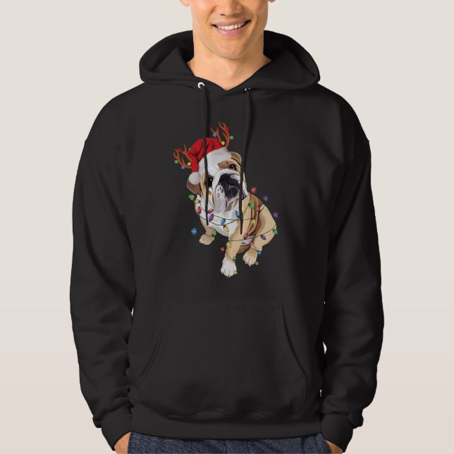 English Bulldog Santa Hat Reindeer Christmas Light Hoodie (Front)