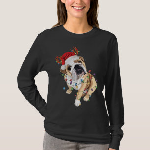 English Bulldog Santa Hat Reindeer Christmas Light T-Shirt