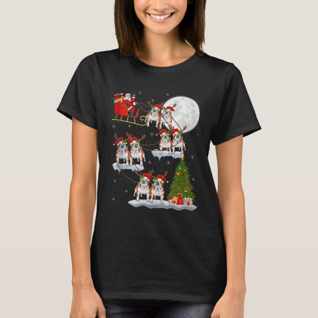English Bulldog Santa Sleigh Flying Funny Magical  T-Shirt (Front)