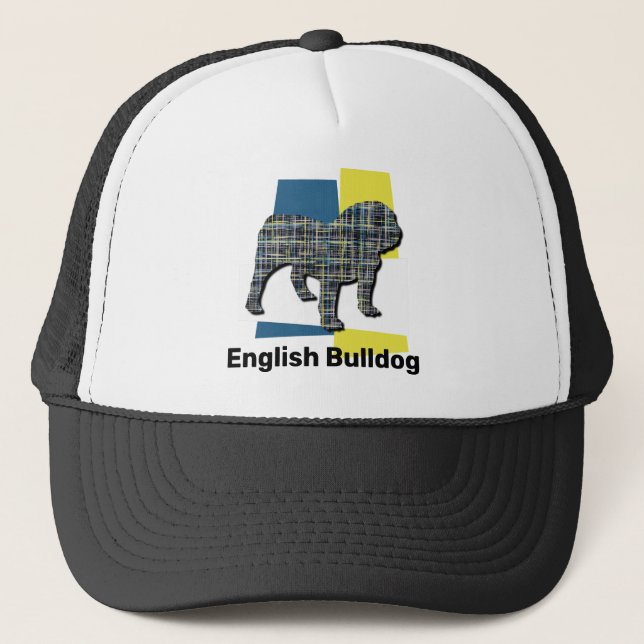 English Bulldog Silhouette Dog Tricolour Grid Trucker Hat (Front)