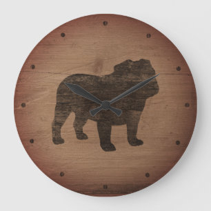 English Bulldog Silhouette Faux Weathered Wood Large Clock