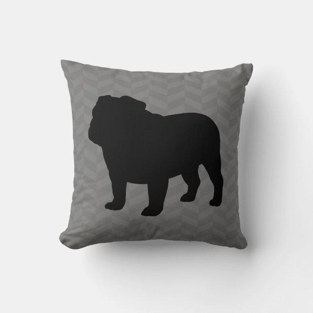 English Bulldog Silhouette on Grey Herringbone Cushion (Front)