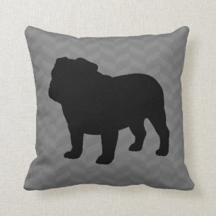 English Bulldog Silhouette on Grey Herringbone Cushion