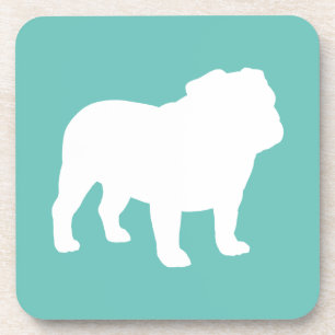 English Bulldog Silhouette Teal and White Coaster