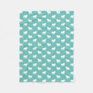 English Bulldog Silhouettes Teal and White Pattern Fleece Blanket