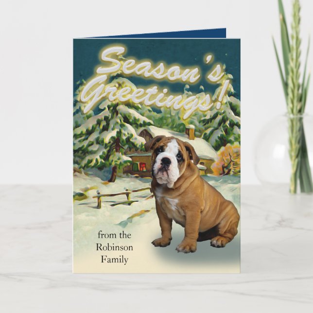 English Bulldog Snow Cabin Christmas Cards (Front)