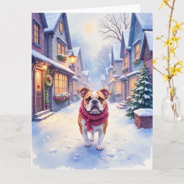 English Bulldog Snowy Christmas Village Holiday Card (Yellow Flower)