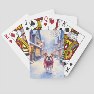 English Bulldog Snowy Christmas Village Holiday Playing Cards