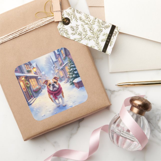 English Bulldog Snowy Christmas Village Holiday Square Sticker (Gifting)