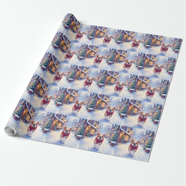English Bulldog Snowy Christmas Village Holiday Wrapping Paper (Unrolled)
