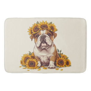 English Bulldog Sunflower Crown Bath Mat