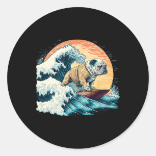 English Bulldog Surfing On The Great Wave Of Kanag Classic Round Sticker