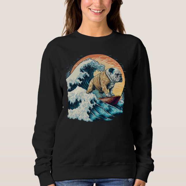 English Bulldog Surfing On the Great Wave of Kanag Sweatshirt (Front)