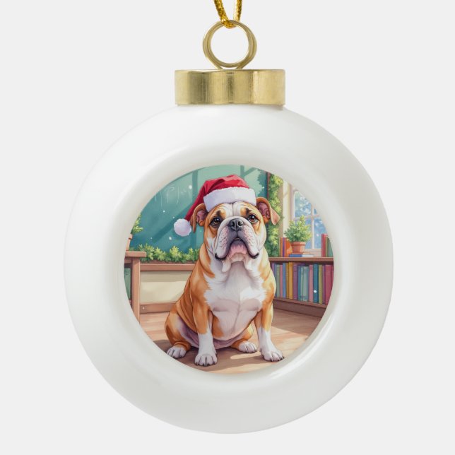 English Bulldog Teacher Classroom Santa Hat Ceramic Ball Christmas Ornament (Front)