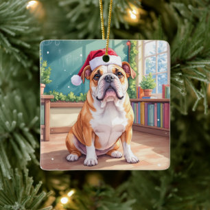 English Bulldog Teacher Classroom Santa Hat Ceramic Ornament