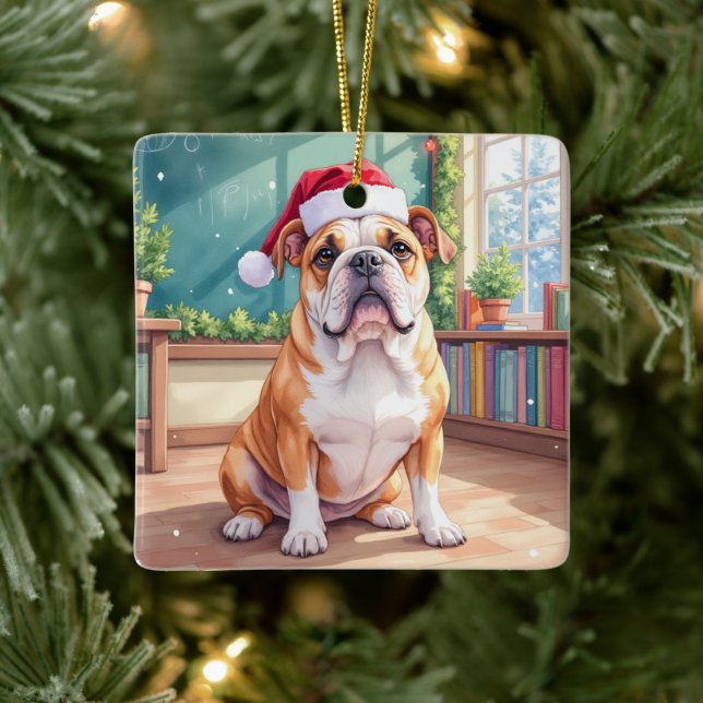 English Bulldog Teacher Classroom Santa Hat Ceramic Ornament (Tree)
